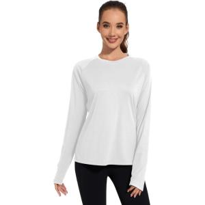 imageQBK Womens Neon T Shirt Long Sleeve TShirt Sun Protection UPF 50 for Hiking Fishing Workout Rash Guard and Athletic SportsWhite