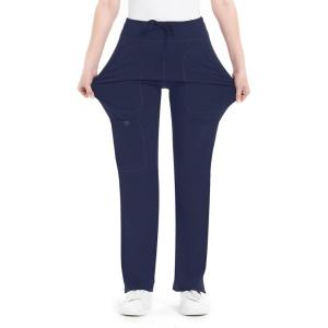 imageQBK Yoga Scrub Pants Women Mid Rise Yoga Work Pants Five Pocket Cargo Scrub PantNavy