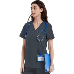 imageQBK Yoga Scrub Top for Women V Neck Shirt with 2 Pockets Comfort Soft Stretch Easy CareBluish Grey