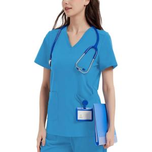 imageQBK Yoga Scrub Top for Women V Neck Shirt with 2 Pockets Comfort Soft Stretch Easy CareCeil Blue