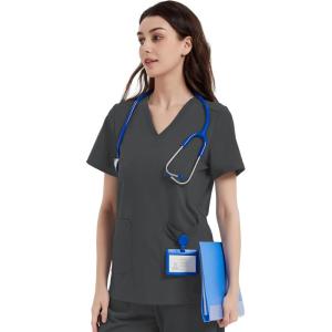 imageQBK Yoga Scrub Top for Women V Neck Shirt with 2 Pockets Comfort Soft Stretch Easy CareIron Gray
