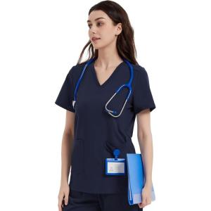 imageQBK Yoga Scrub Top for Women V Neck Shirt with 2 Pockets Comfort Soft Stretch Easy CareNavy