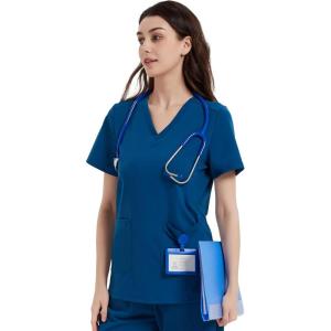 imageQBK Yoga Scrub Top for Women V Neck Shirt with 2 Pockets Comfort Soft Stretch Easy CareRoyal Blue