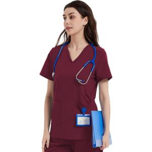imageQBK Yoga Scrub Top for Women V Neck Shirt with 2 Pockets Comfort Soft Stretch Easy CareWine Red