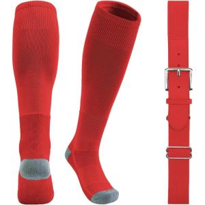 imageQBK Youth Baseball Socks ampamp Belt Combo Set for Kids 216 Years SoftballTee Ball Accessories 1 Pair  1 Belt UnisexAbaseball Socksred