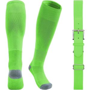 imageQBK Youth Baseball Socks ampamp Belt Combo Set for Kids 216 Years SoftballTee Ball Accessories 1 Pair  1 Belt UnisexHbaseball Socksneon Green
