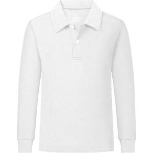 imageQBK 2T to Youth Boys Long Sleeve School Uniform Pique Polo Toddler Kids Neon Collared Golf ShirtWhite