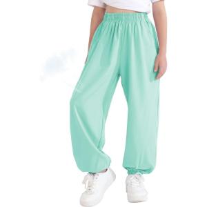 imageQBK 3T14Years Girls Summer Lightweight Baggy Joggers with PocketsWide Leg Sweatpants Cinched Bottom Hip Hop Dance PantsLight Green