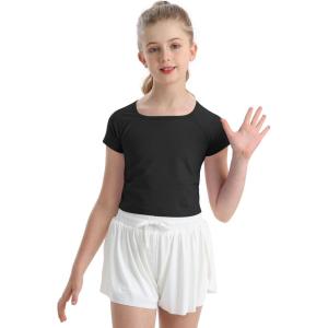 imageQBK 6Years to Youth Girls Crop Top Tee Shirts Short Sleeve Square Neck Cotton Basic Summer Tops Fitted T Shirt for GirlsBlack