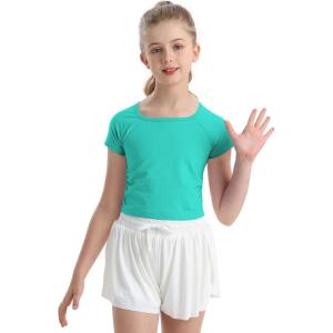 imageQBK 6Years to Youth Girls Crop Top Tee Shirts Short Sleeve Square Neck Cotton Basic Summer Tops Fitted T Shirt for GirlsGreen