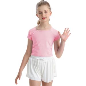 imageQBK 6Years to Youth Girls Crop Top Tee Shirts Short Sleeve Square Neck Cotton Basic Summer Tops Fitted T Shirt for GirlsLight Pink