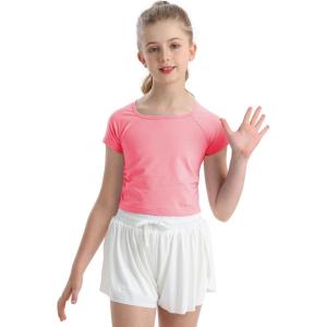 imageQBK 6Years to Youth Girls Crop Top Tee Shirts Short Sleeve Square Neck Cotton Basic Summer Tops Fitted T Shirt for GirlsPink