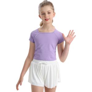 imageQBK 6Years to Youth Girls Crop Top Tee Shirts Short Sleeve Square Neck Cotton Basic Summer Tops Fitted T Shirt for GirlsPurple
