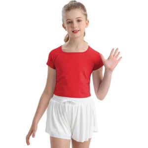 imageQBK 6Years to Youth Girls Crop Top Tee Shirts Short Sleeve Square Neck Cotton Basic Summer Tops Fitted T Shirt for GirlsRed