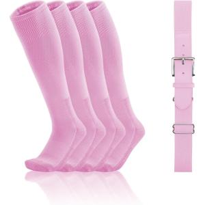 imageQBK Toddler Baseball Socks And Belt Youth Softball Tee Ball Combo Set for Boy Girl 2 Pairs of Socks ampamp 1 BeltLight Pink