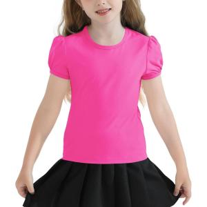 image:imageQBK Girls Cotton T Shirts 2T12Years Puff Sleeve Crew Neck Tops for Toddlers amp KidsHot Pink