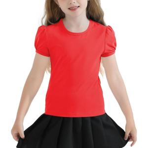 image:imageQBK Girls Cotton T Shirts 2T12Years Puff Sleeve Crew Neck Tops for Toddlers amp KidsRed