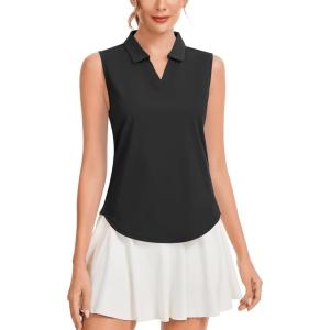 image:imageQBK Womens Sleeveless Golf Polo Shirts VNeck Collared Tennis Tank Tops UPF 50 Quick Dry Lightweight Athletic ShirtBlack