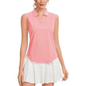 image:imageQBK Womens Sleeveless Golf Polo Shirts VNeck Collared Tennis Tank Tops UPF 50 Quick Dry Lightweight Athletic ShirtLight Pink