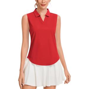 image:imageQBK Womens Sleeveless Golf Polo Shirts VNeck Collared Tennis Tank Tops UPF 50 Quick Dry Lightweight Athletic ShirtRed
