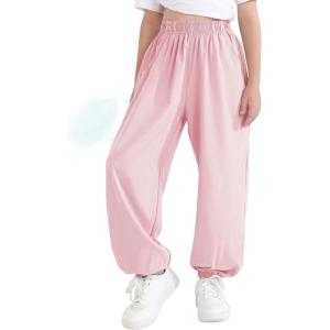 image:imageQBK 3T14Years Girls Summer Lightweight Baggy Joggers with PocketsWide Leg Sweatpants Cinched Bottom Hip Hop Dance PantsLight Pink114